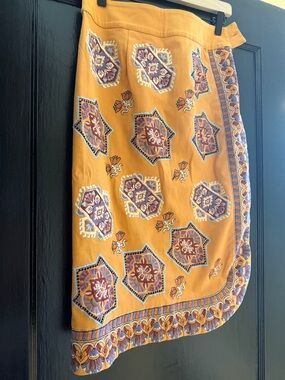 Anthropologie Mustard Yellow Embroidered Midi Skirt